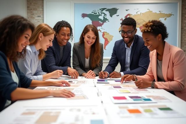 Diverse group of people from different cultures collaborating over design sketches.